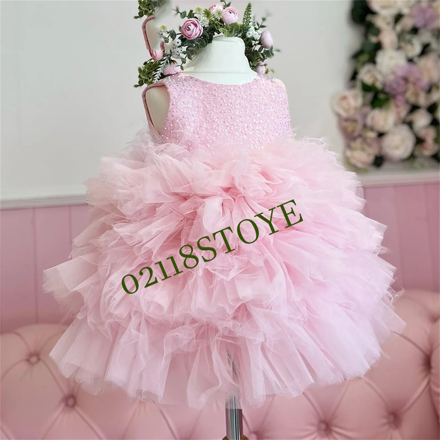 

Puffy Princess Dress Layers Flower Girl Dresses Feather Pink Girl Dress Wedding Party Dress Baby Dress Cute First Communon Dress