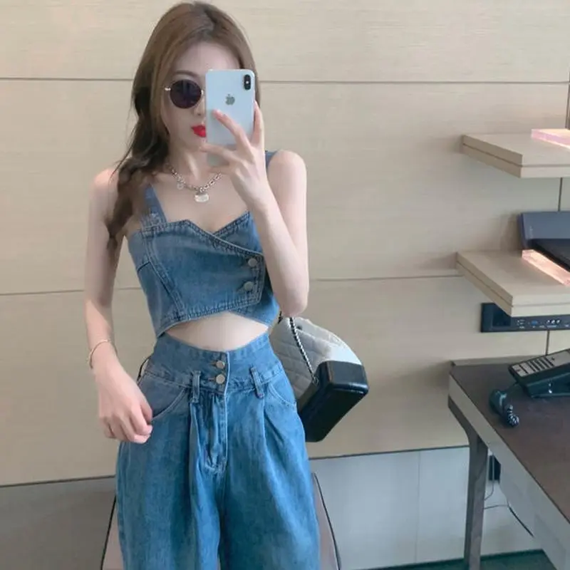 High Street Style Denim Suit Women\'s Denim Sets Autumn New Short Camisole Tops Wide Leg Pants Two Piece Sets