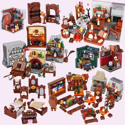 MOC Medieval Scene Furniture Witch Alchemy Laboratory Tavern Building Blocks Halloween Skeleton Bookshelf Room Bricks Toys Gifts