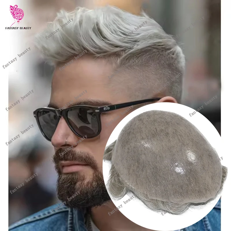

0.04mm Super Thin Micro Skin Base Invisible Hairline 60R# Blonde Grey Vloop Natural 100%Remy Human Hair Toupee for Men Hairpiece