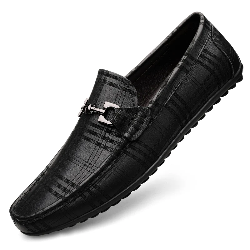 Italian Handmade Shoes Genuine Leather Black Formal Shoes Casual Loafers Men\'s Crocodile Pattern Fashion Check Moccasins Shoes