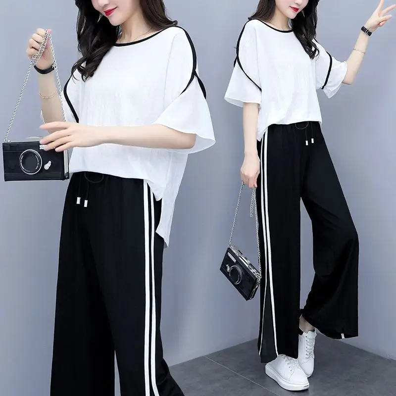 Summer New Large Suit Women\'s 2023 Korean Short-sleeved T-shirt Wide Leg Pants Two-piece Casual Suit Loose Sports Pants Set