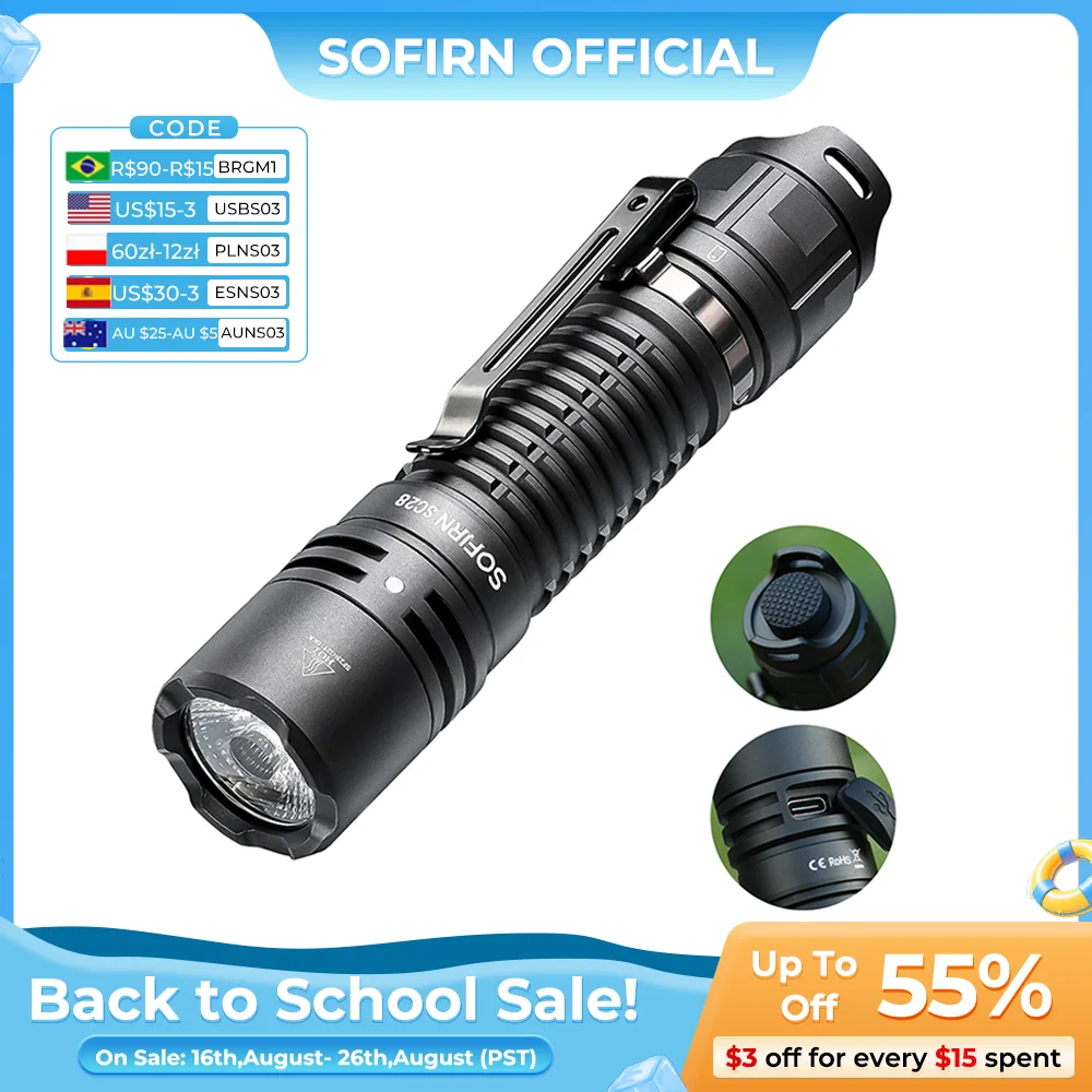 Sofirn sc28 luz poderosa tática xhp50b hd lanterna recarregável 2800 lumens lanterna edc tocha ipx8 para caça pesca