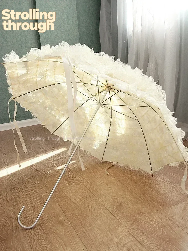 

Double Lace Women's Umbrella Luxury Aesthetic Creative Retro Arch Bent Handle Long Handle Umbrella Pink Fringe Straight Bar