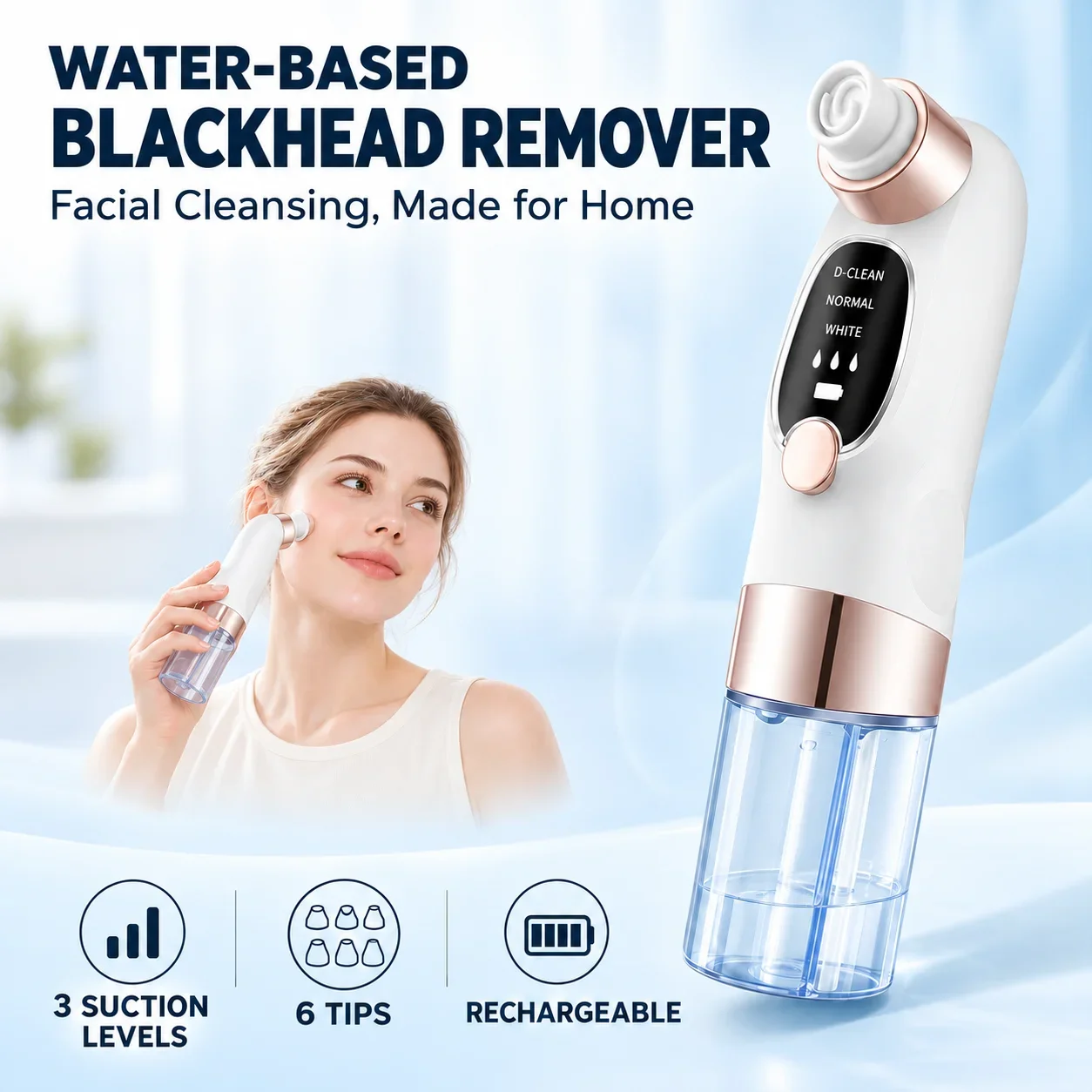Water-Based Blackhead Remover Pore Vacuum Facial Cleanser with 3 Suction Levels 6 Tips Rechargeable Home Skin Care Device
