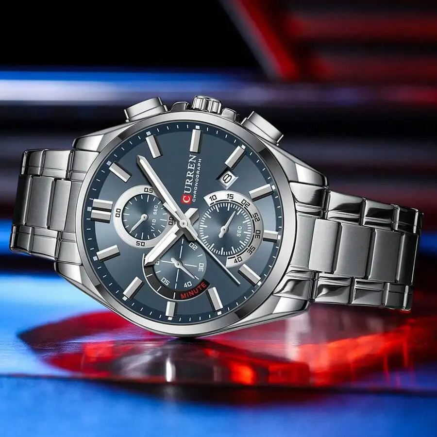 CURREN Men's Fashion Quartz Chronograph Wrist Watch, Stainless Steel Strap, With Luminous And Auto Date Display, Water Resistant