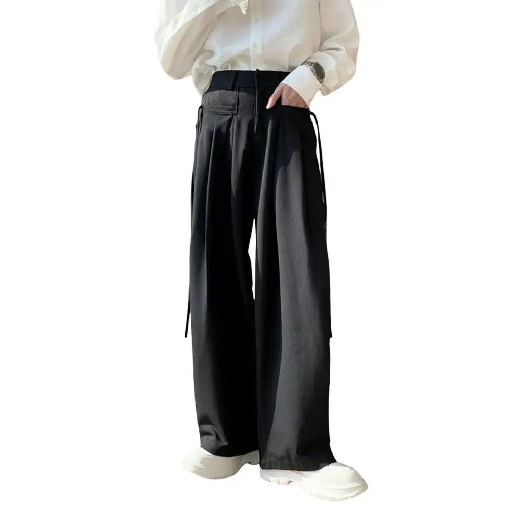 Men Wide-leg Pants Oversized Wide Leg Men's Ice Silk Pants with Crotch Pockets Zippered Ropes English Style for Streetwear