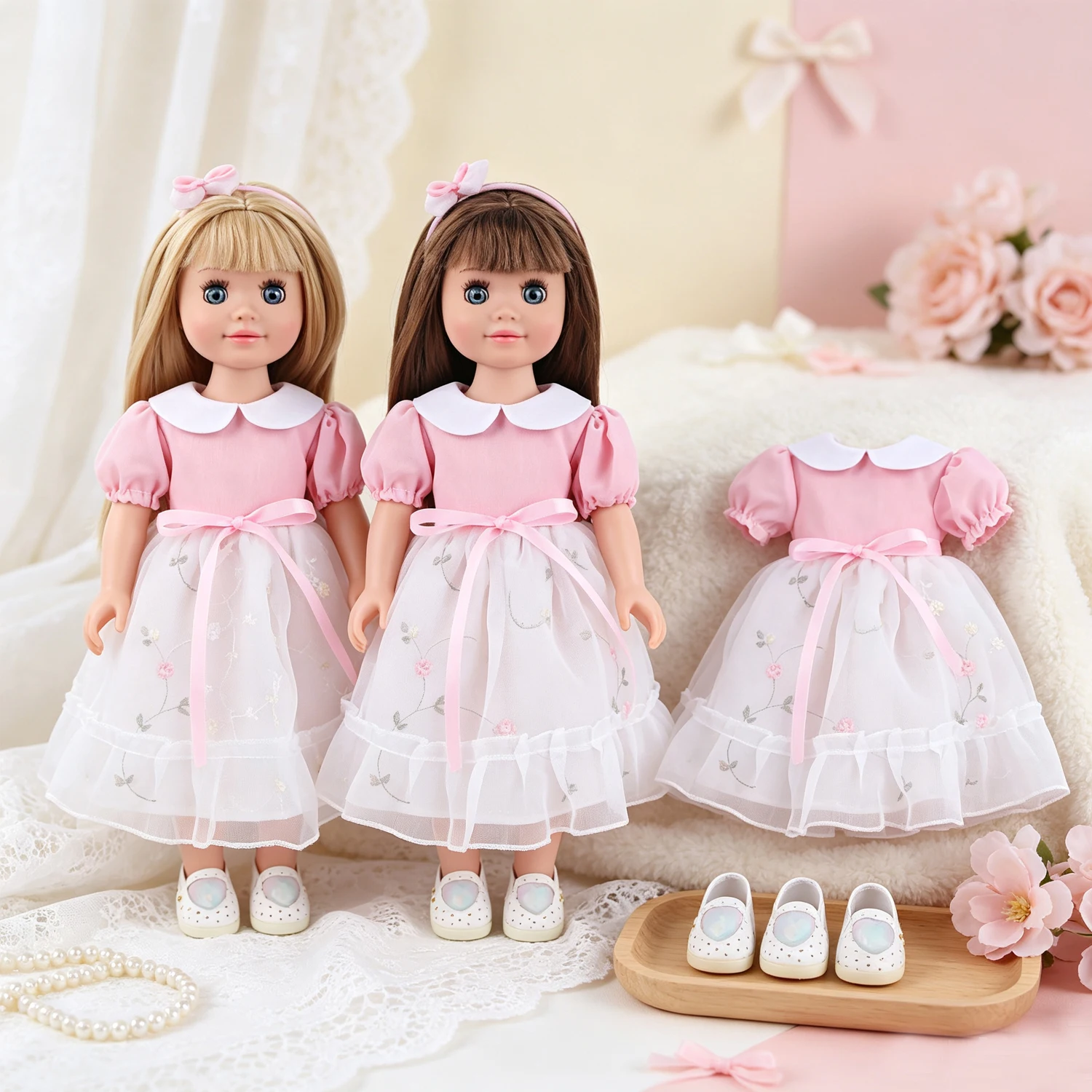 Cute Princess Doll Clothes Dress Bow Headband 2 Rivet & Heart Pattern Shoes for 18