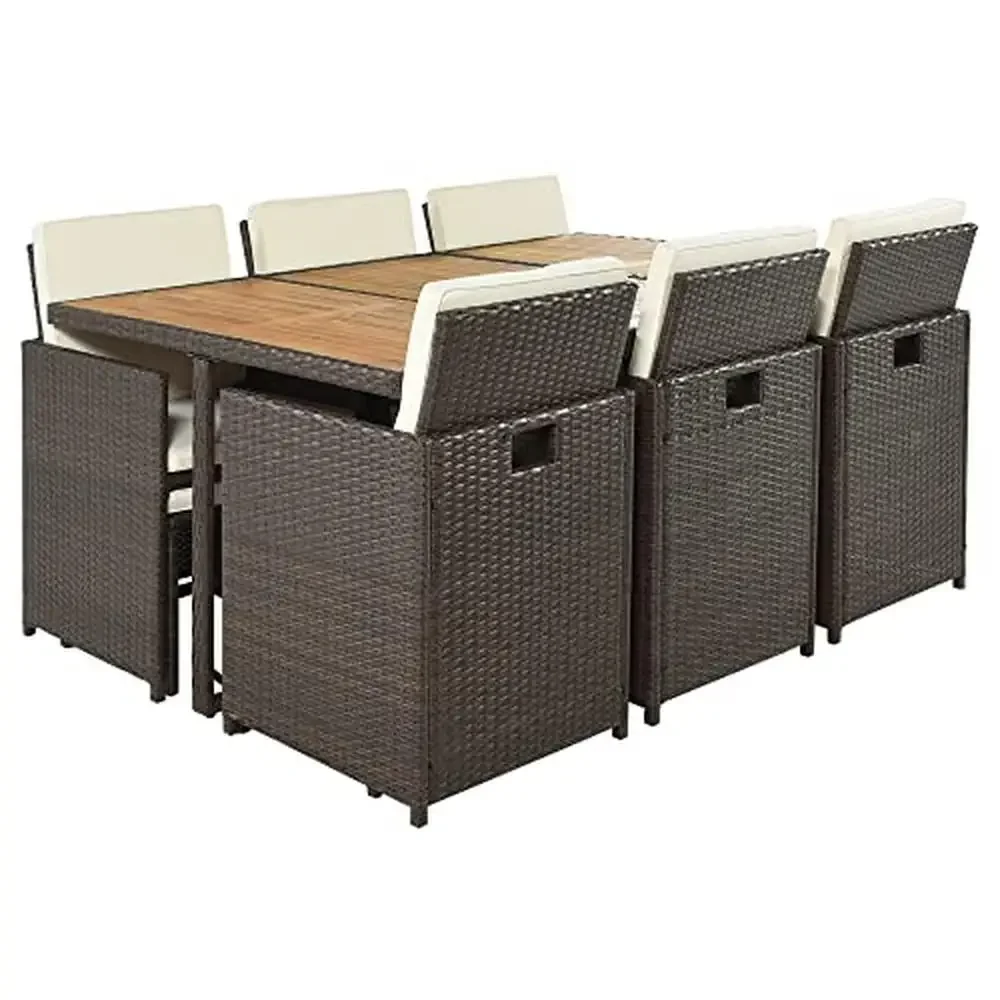 Juego de mesa de comedor para Patio de mimbre para exteriores, 11 piezas, marcos de acero duraderos, sillas traseras plegables, cojines de diseño que ahorran espacio