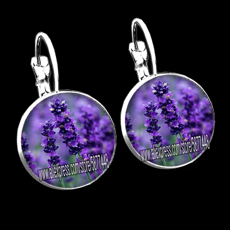 New Arrival Lavender Flower Women Stud Earring  Purple Flower Glass Cabochon Womens Earrings