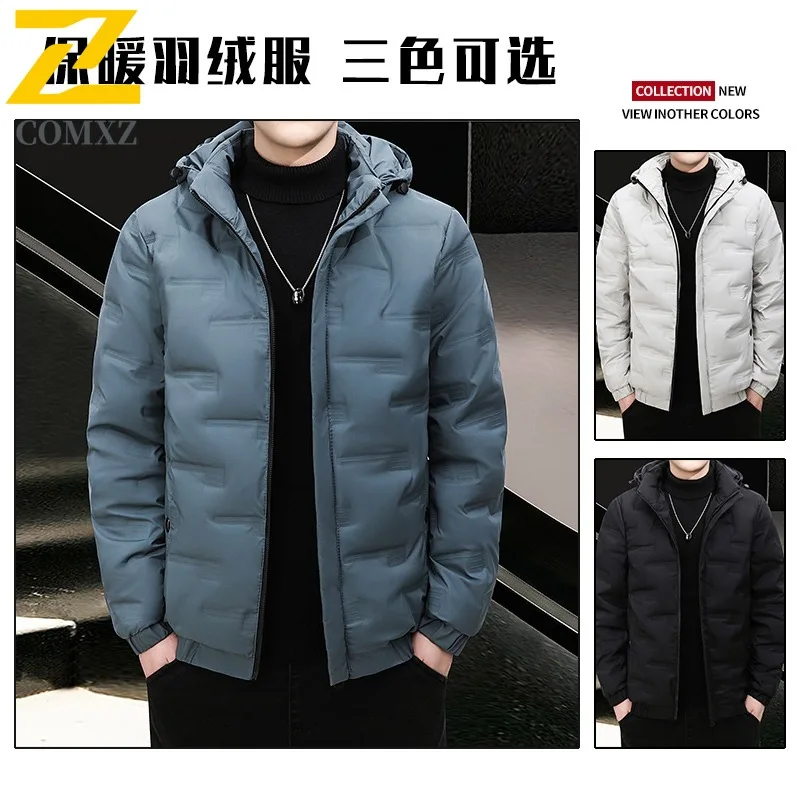 COMXZ 2025 Mens Winter Hooded Fleece Puffer Jacket American style Waterproof and Windproof Trendy Casual Outdoor Sports Coat