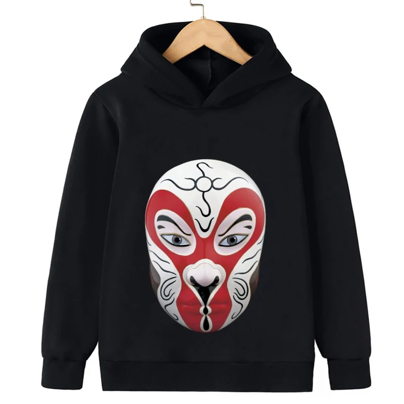 Chinese Peking Opera Facial Makeup Print Kids Boys Hoodies Sweatshirts for Spring New Coats Teenager Boy Clothes Kid Girls Tops