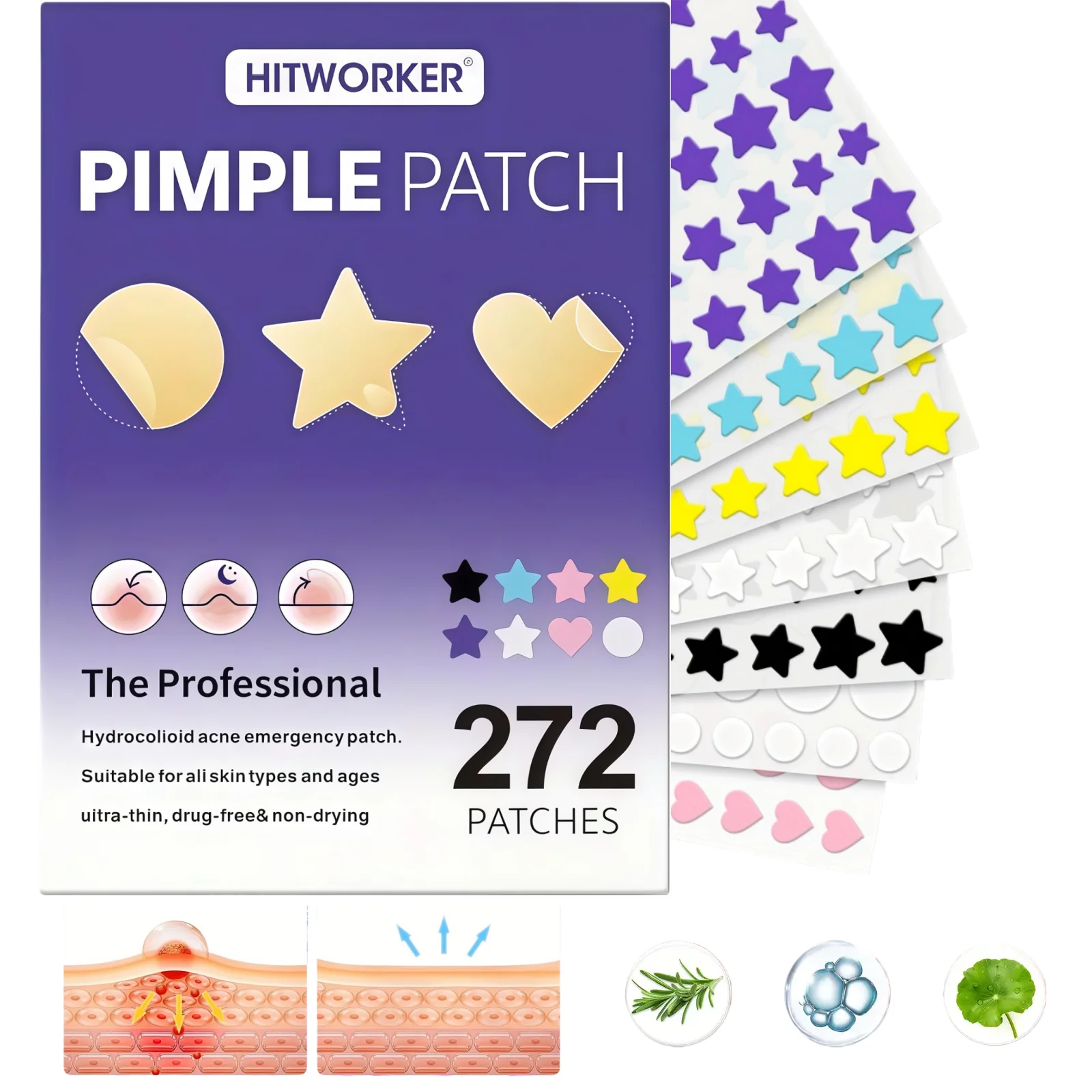 

272pcs Mixed Shape Acne Patch Set – Star, Heart & Round Hydrocolloid Stickers, Ultra-Thin & Waterproof, Gentle Spot Covers for D