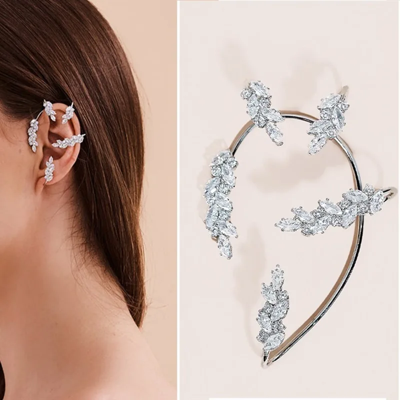 Bridal Leaves No Hole Clip Earrings White 3A Zircon Crystal Wheat Ear Climber Cuff Earrings Gold Plated Women Statement Jewelry