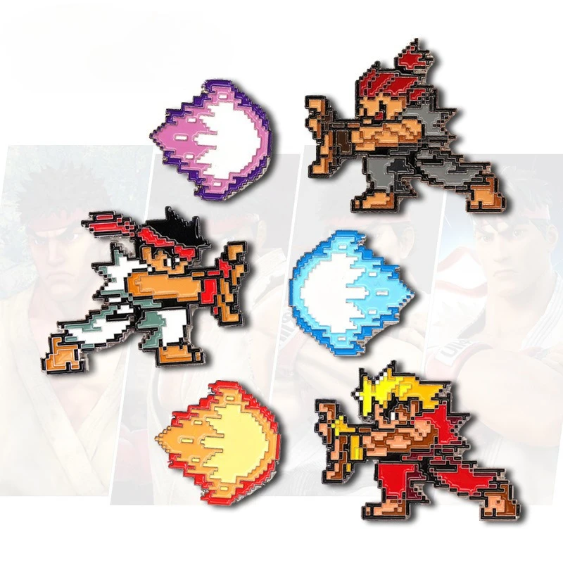

6PCS Pixel Street Fighter Game Brooch Longken Ghost Wave Fist Creative Metal Badge Cartoon Cute Badge Gift for Friends