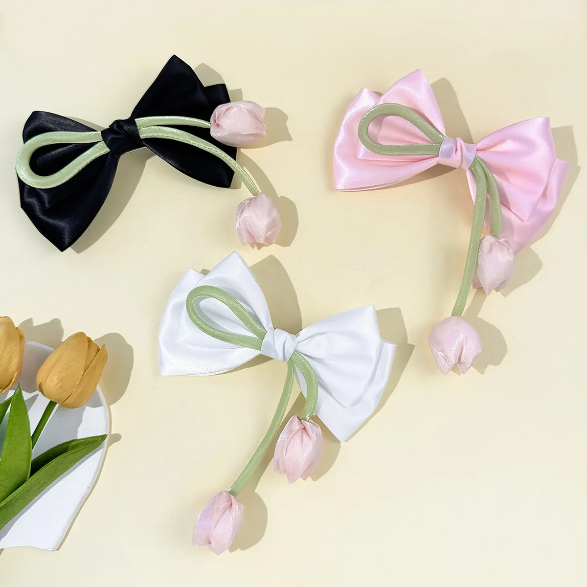 

20 PCS/Lot, Sweet Tulip Flower Ribbon Bow Hair Clips Girls Hair Accessories