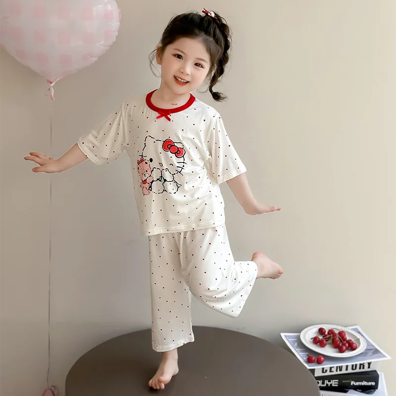 

Летние пижамы для девочек в стиле аниме Hello Kitty, детская модная одежда с мультяшным рисунком, милый детский комплект с волнистым узором, тонкий, повседневный, удобный комплект домашней одежды