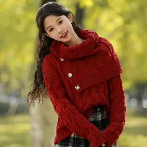 

Christmas Pullover Female Red Turtleneck Bright Sweater 2024 Autumn And Winter New Twist Knit Top