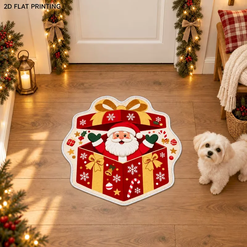 VIKAMA Christmas Round Rug Soft Plush Shaggy Non Slip Washable Santa Ladder Christmas Tree Star Decor Home Rug