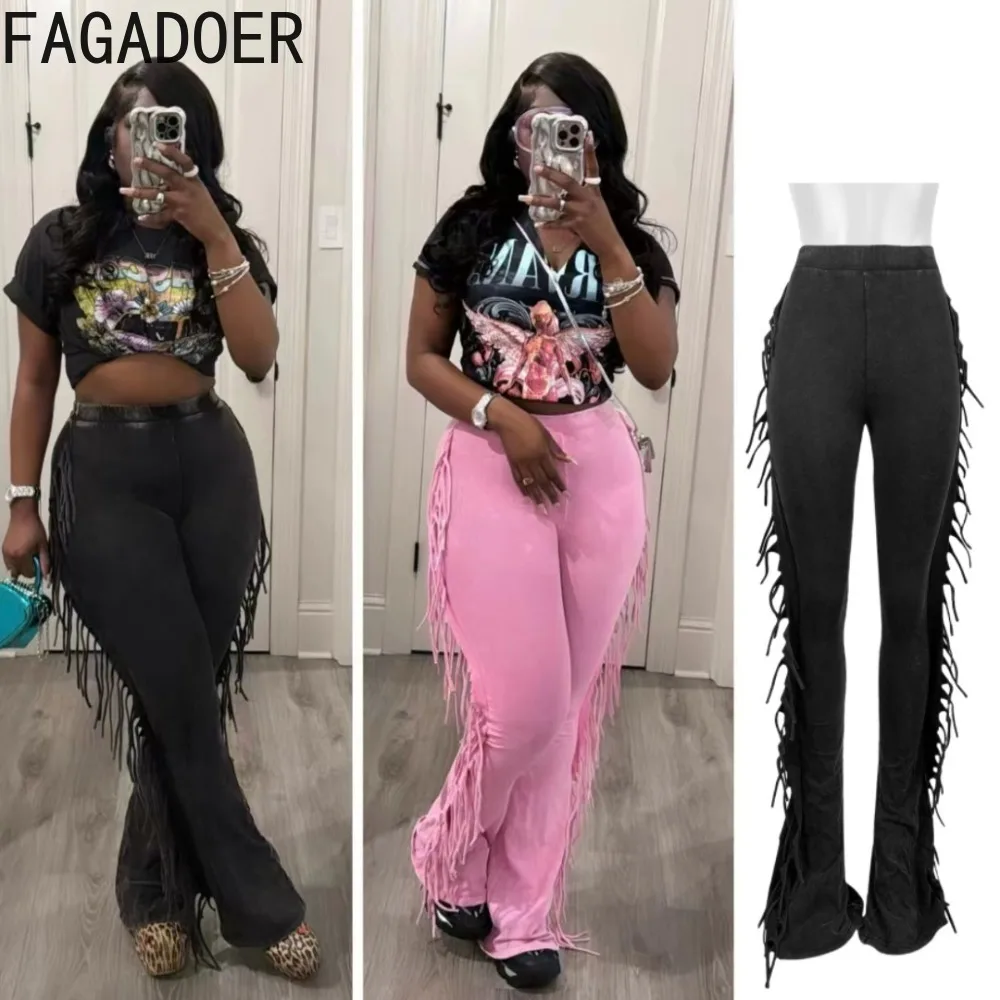 

FAGADOER Autumn Winter Casual Tassels Skinny Flare Pants Women High Waist Solid Stretchy Trousers Female Y2k Streetwear Bottoms