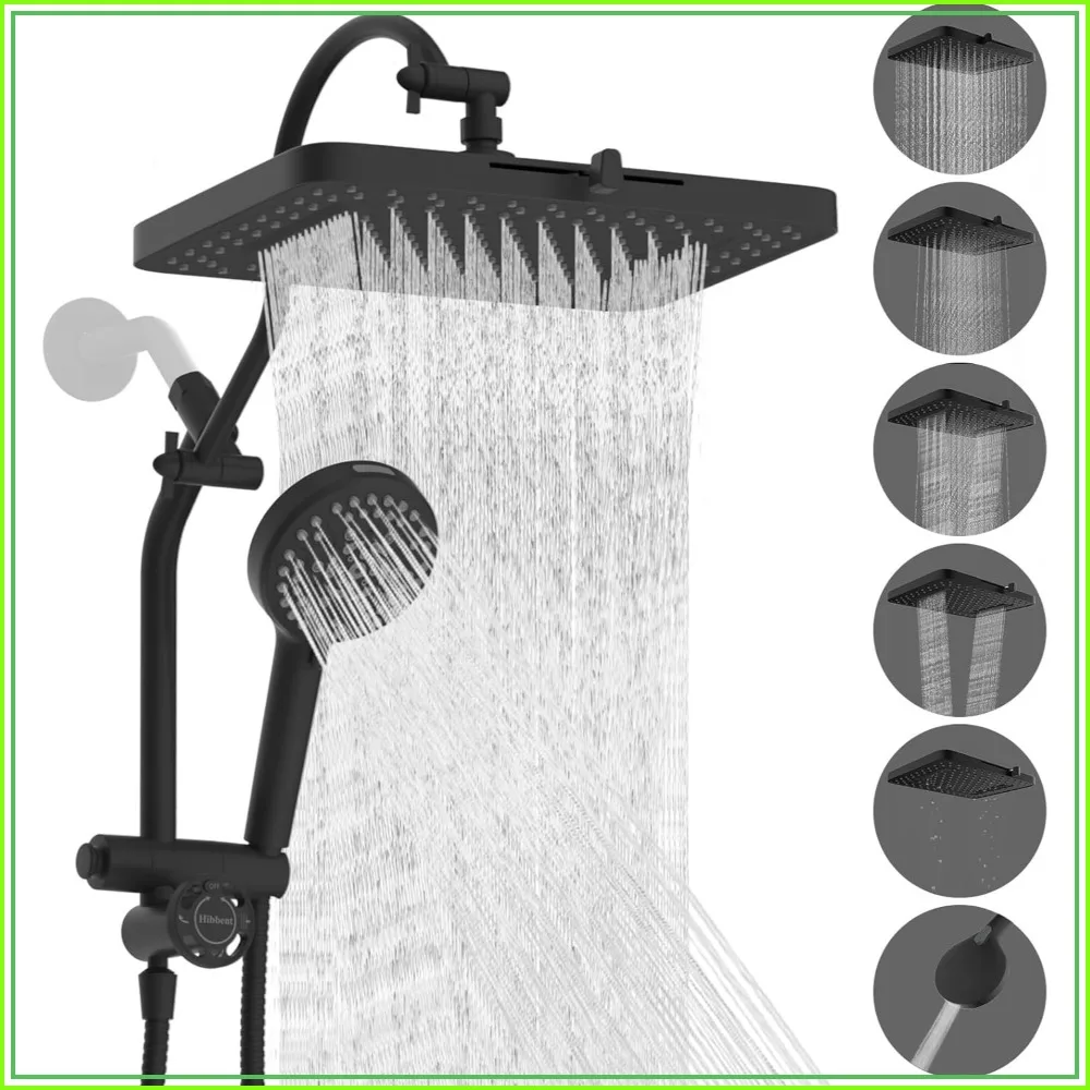 

13'' High Pressure Shower Head Combo, 5 Spray Rainfall, 10 Spray Handheld, 4-Way Diverter Arm with Pause, 71'' Hose and Holder, Black