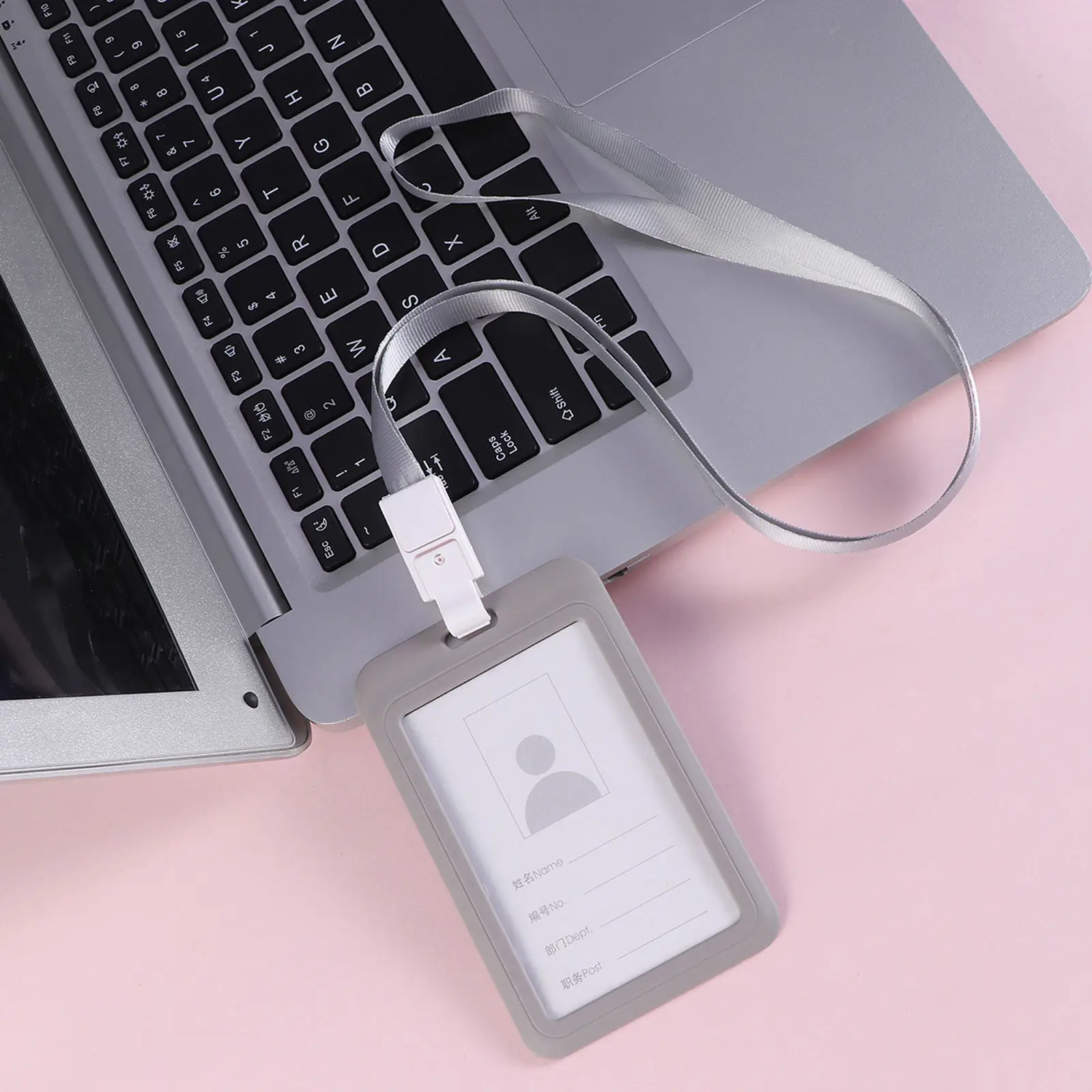 Premium Plastic Badge Holder with Clear Front Window for Id Business Card Pass Badge Lanyard Hanging Rope Chest Strap Grey