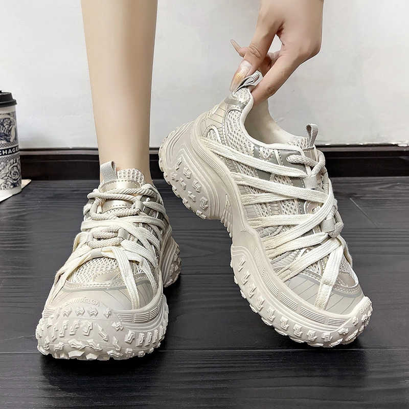 2024 Mixed Color Stitched Fashion Sneakers Spring Autumn Mesh Women's Shoes Durian Sole Lace Up Women's Vulcanized Shoes