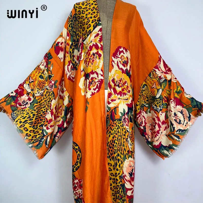 Winyi Zomer Bohemian Luipaard Print Strandkleding Zwempak Cover Up Afrika Vrouwen Vest Kleurrijke Sexy Vakantie Lange Mouw Kimono