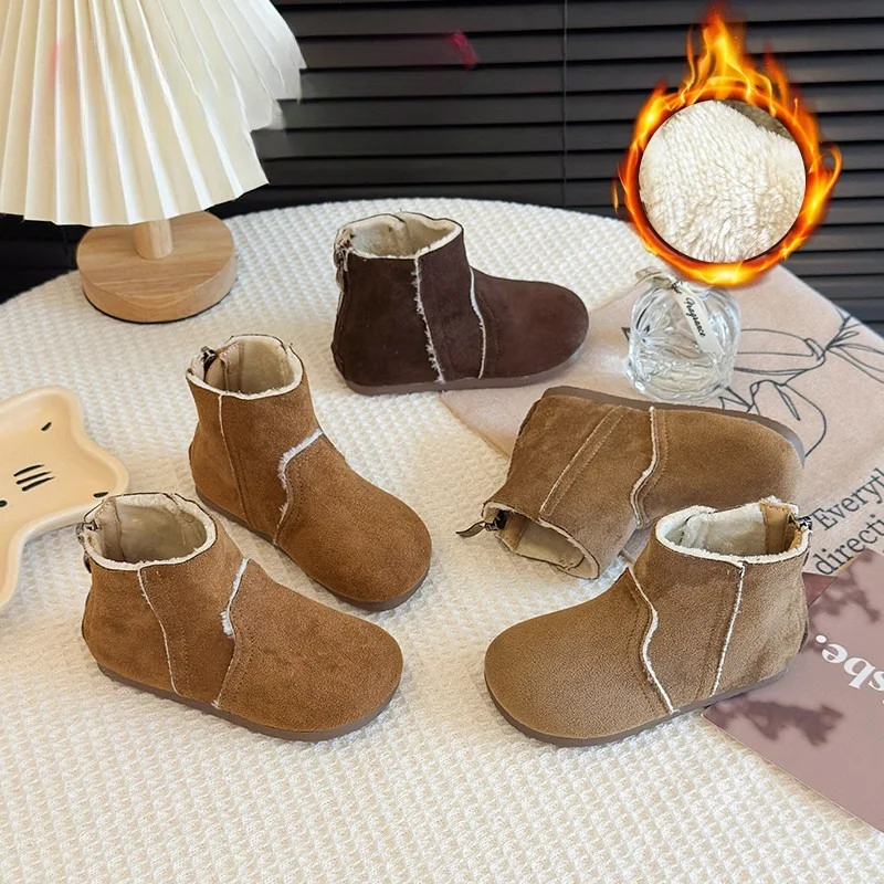 

Модные ботинки для девочек, осенне-зимняя бархатная обувь в британском стиле в стиле ретро с молнией сзади, утолщенная детская обувь из искусственной замши, размер 21-34