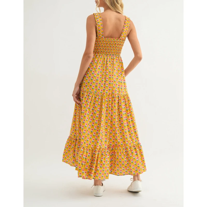 Combhasaki Abito da donna casual floreale con canotta smock collo quadrato senza maniche senza schienale a trapezio abito lungo con volant a strati con tasche