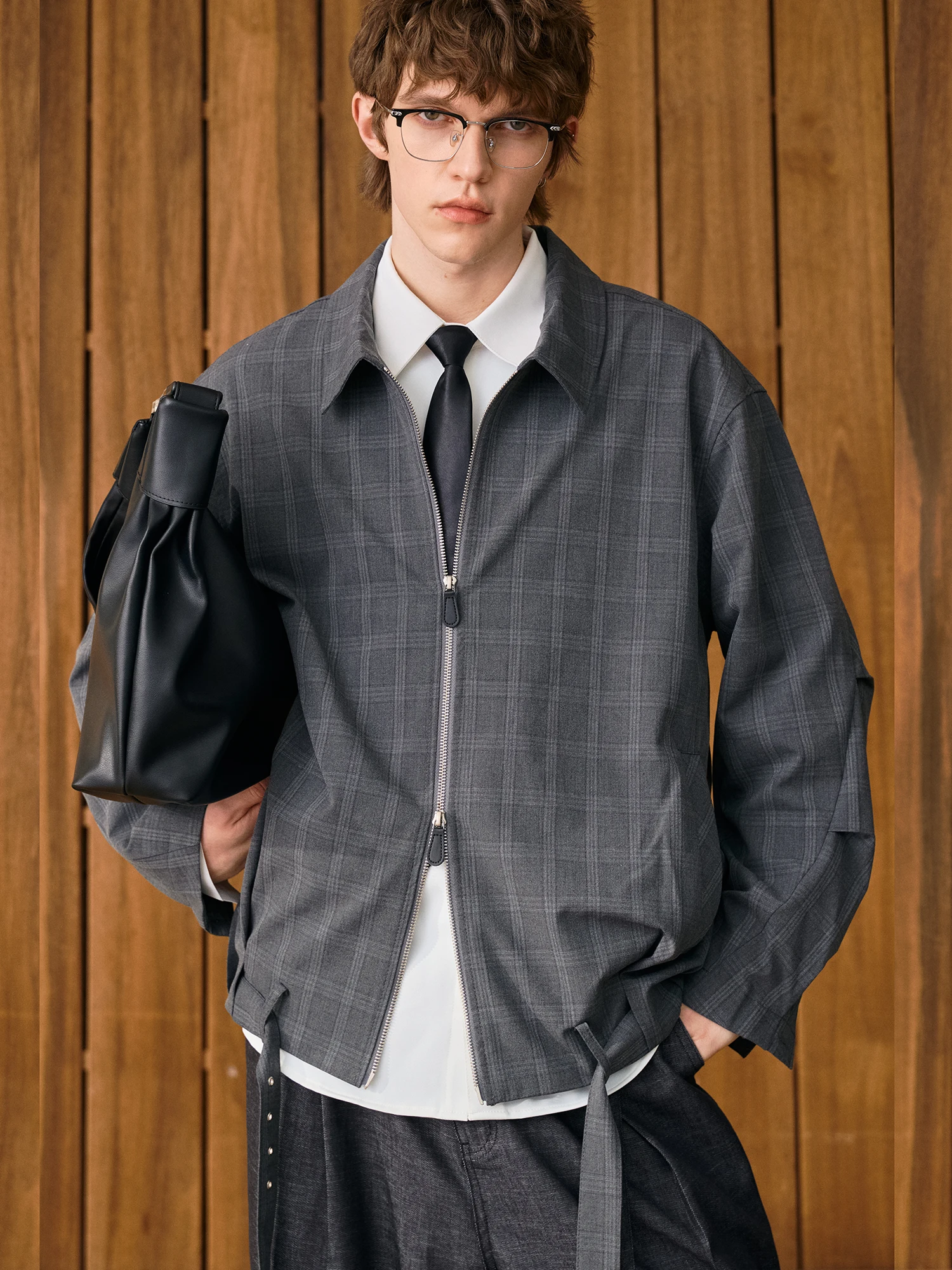 Mr. Twenty-Eight Retro Plaid Jacket Loose Casual Collar Men's Drawstring Hem Polyester Cotton Zipper Long Sleeve Spring