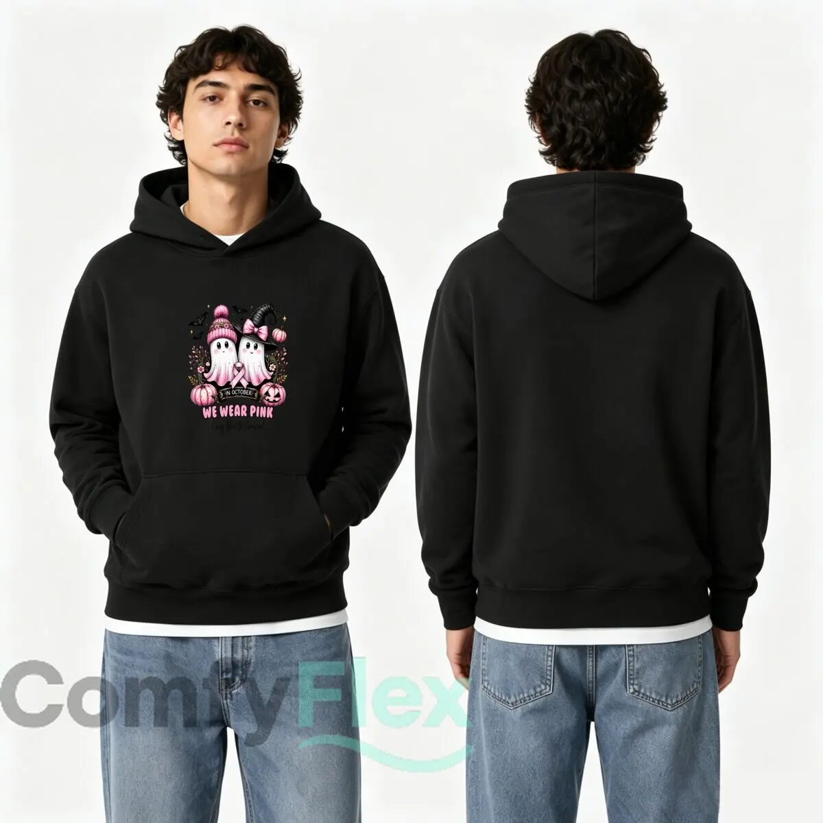 In October We Wear Pink Say Boo To Cancer Ghosts Autumn and winter new men's and women's hooded sweatshirts