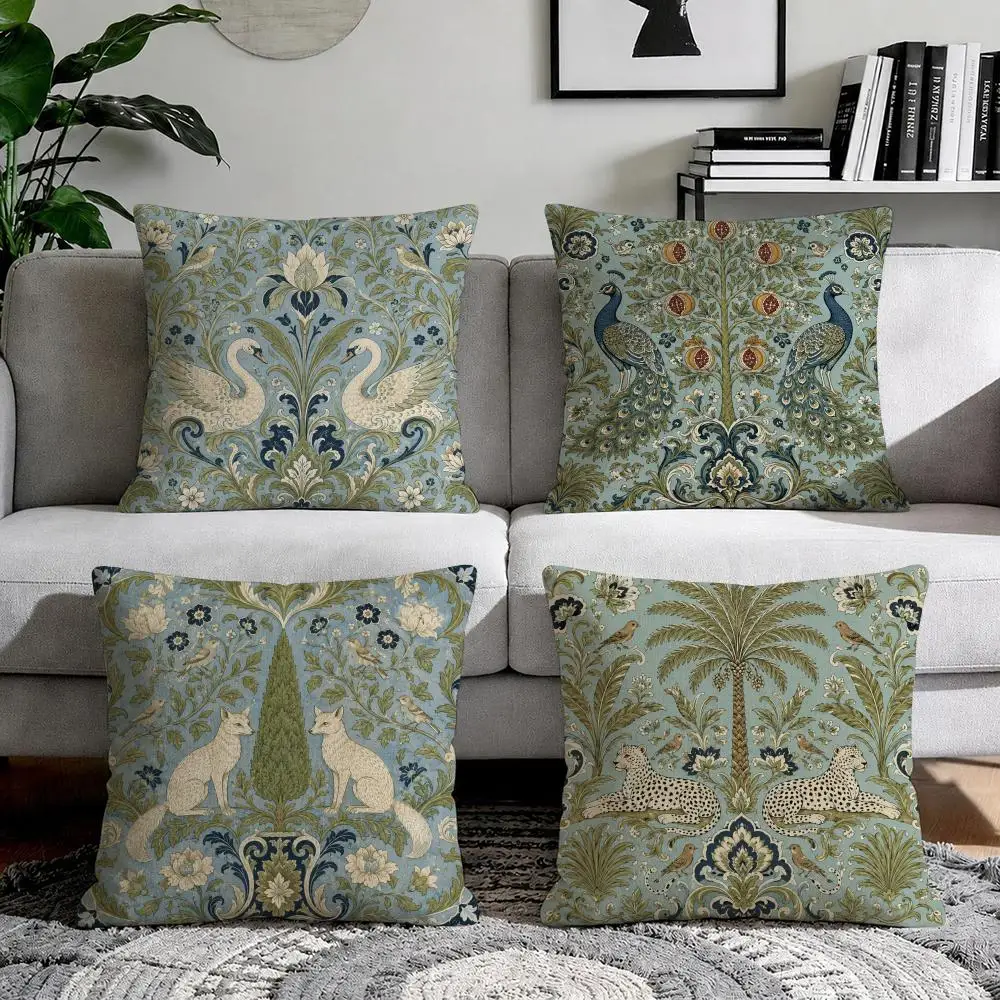Blue green colorful animals Cushion Cover Natural Breathable Durable Linen Printed Decor Pillow Case Sofa Bedroom