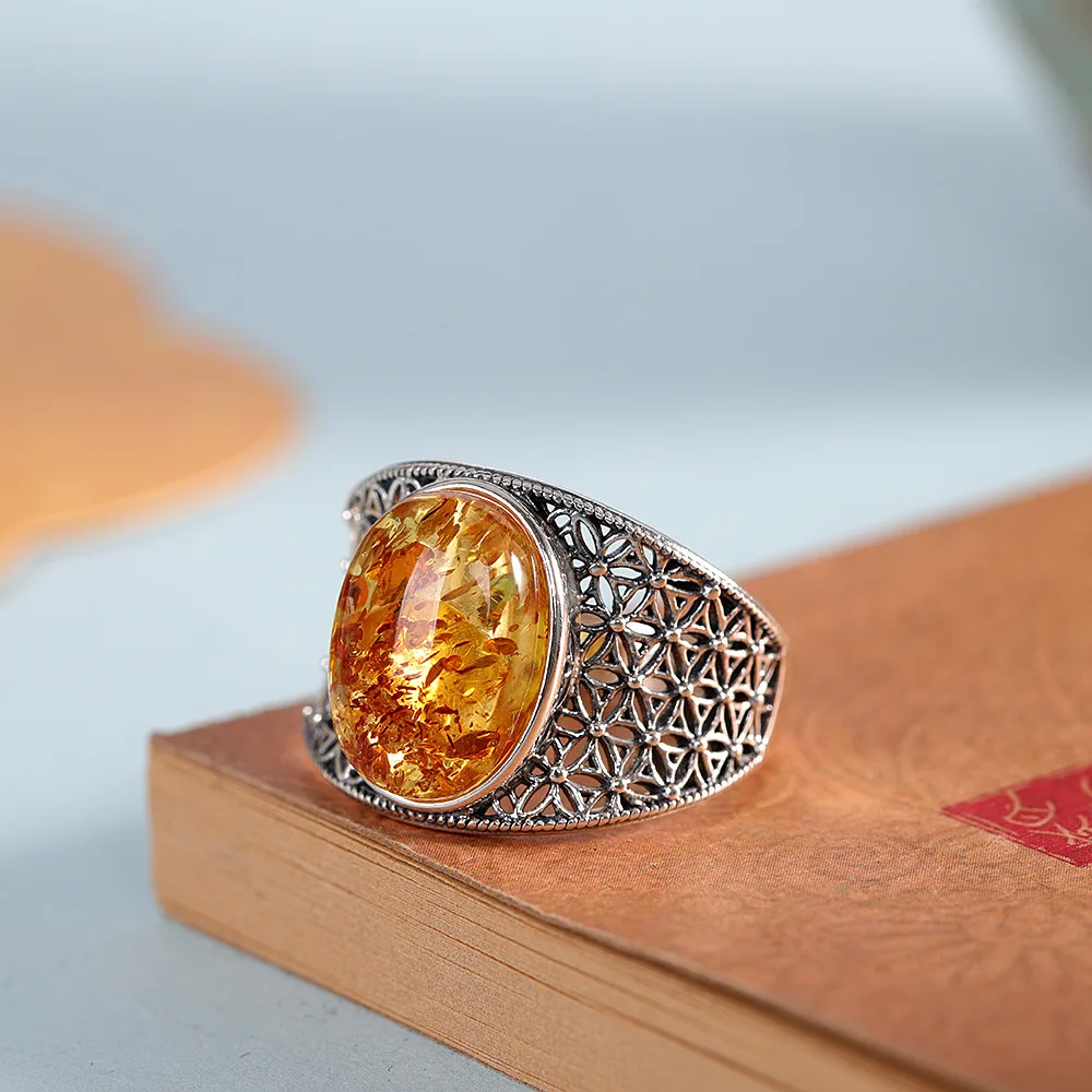 Anillos triangulares huecos de plata tailandesa de 16MM de ancho para mujer, anillo de ámbar con flor amarilla de cerveza Natural, joyería étnica de Plata de Ley 925