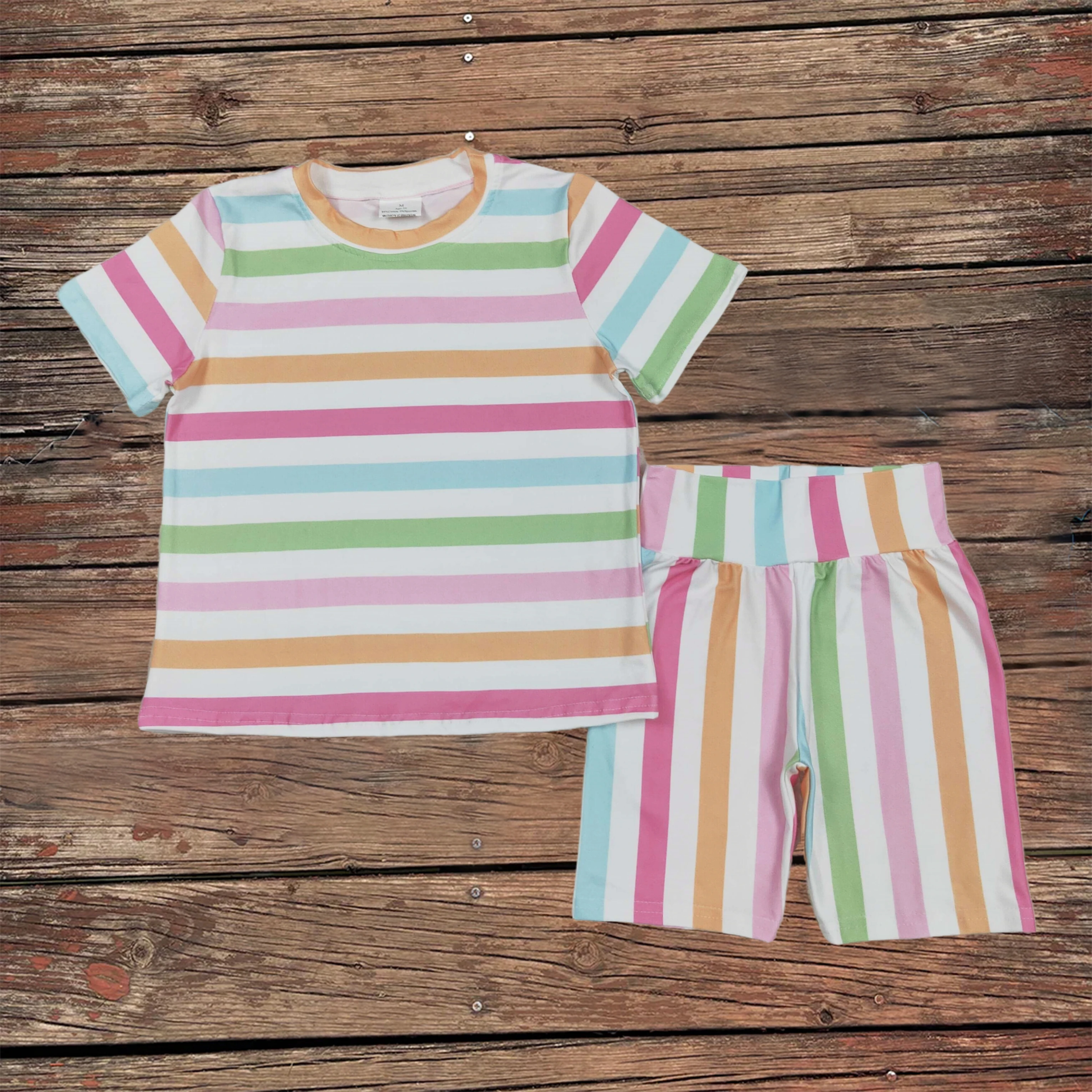 

Wholesale Baby Girls Clothes Children Short Sleeves Colorful Stripes Top Shirt Shorts Summer Pajamas Sets Toddler Outfits