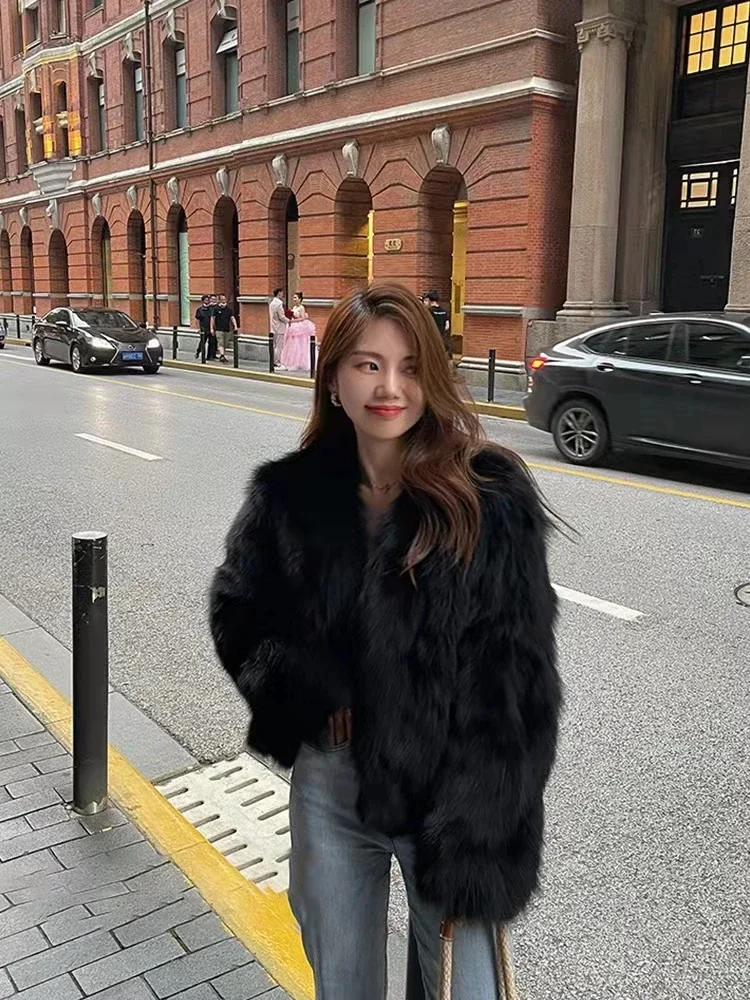 High-End Commute Style Long Sleeve V-neck Women Fox Fur Fur Coat 2023 Short Autumn and Winter Fashion Slim Fit Faux Fur Coat