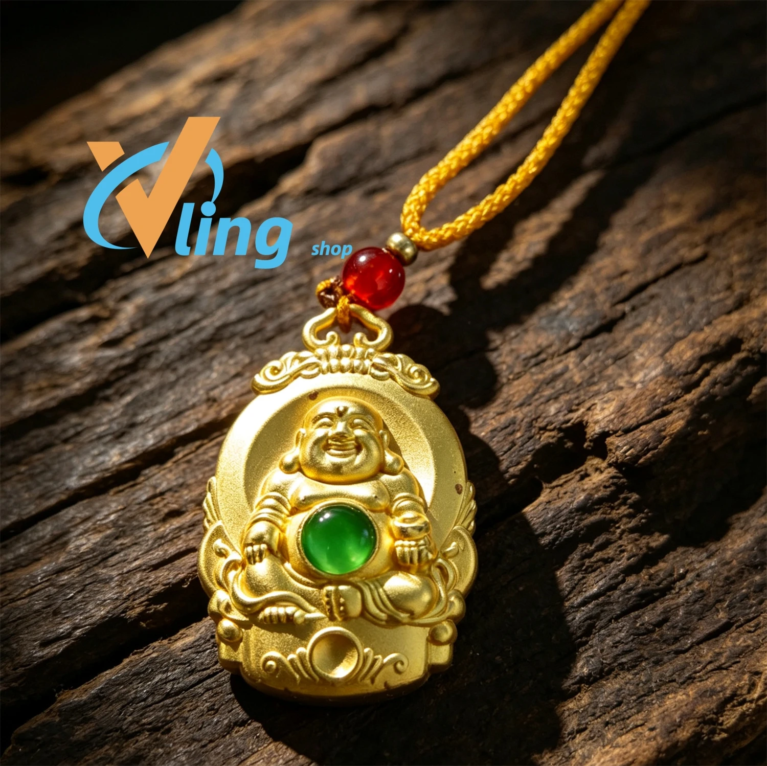 Laughing Buddha Pendant Necklace Gold Plated Inlaid Green Gem Maitreya Amulet Lucky Blessing Protection Talisman Necklace Women