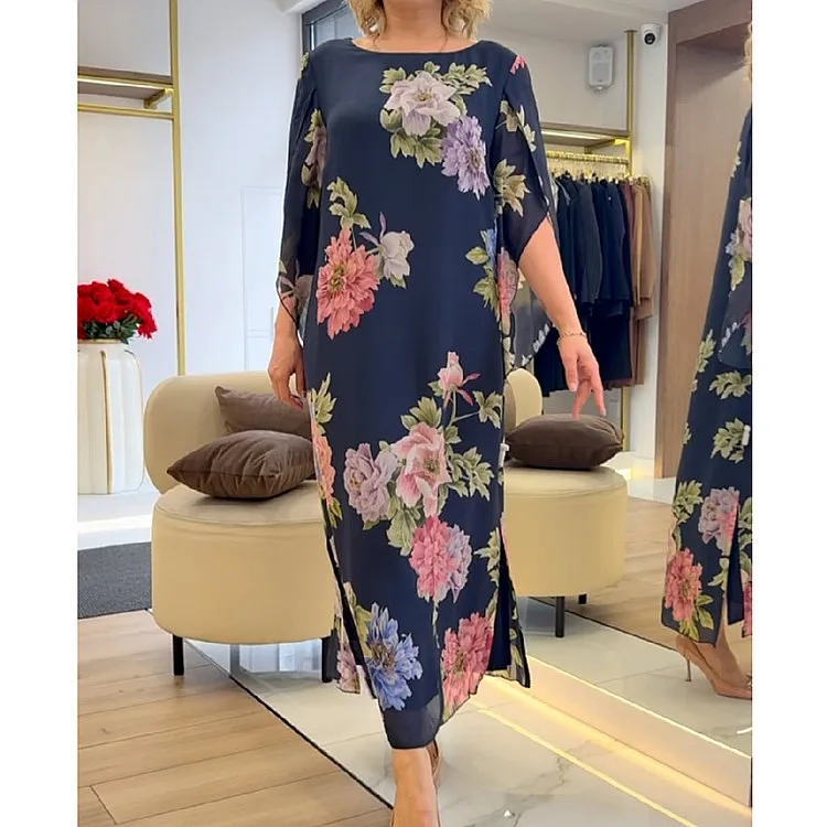 Elegant Floral Print Round Neck Long Dress Spring Summer Dresses Floral Dresses