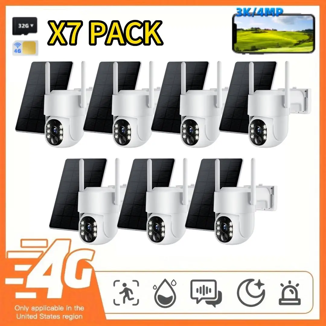 

7PCS Solar Camera 4G LTE 4MP 3K No WiFi 360° AI Tracking Color Night Vision Built-in 4G SIM & SD