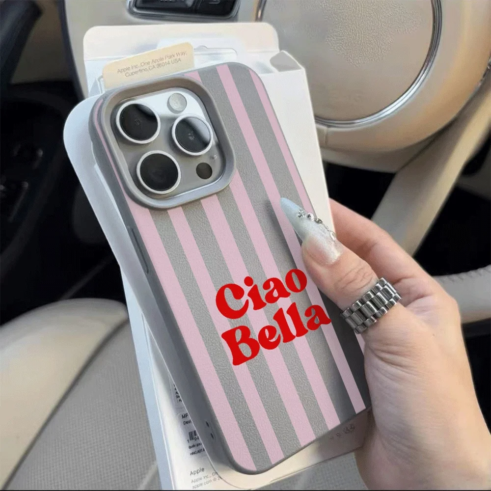 Ins Style Ciao Bella Rosa Gestreifte Handyhülle für iPhone 17 16 15 14 13 12 11 Pro Max Plus X XR Silikon Matt Stoßfeste Hülle – Detail 10