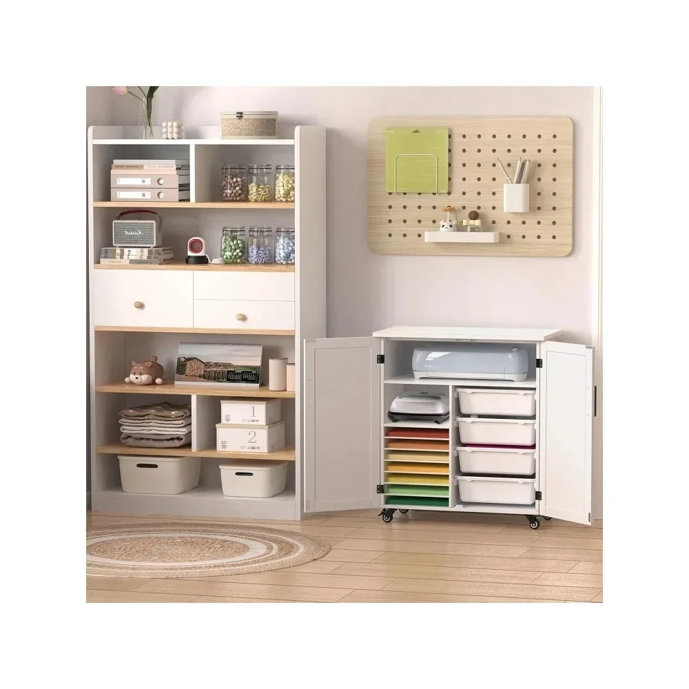 عربة يدوية متوافقة مع خزانة تخزين دوارة لآلة Cricut مع طاولة تنظيم الأدراج، 31.6 بوصة عرض × 15.8 بوصة عمق × 34.9 بوصة ارتفاع