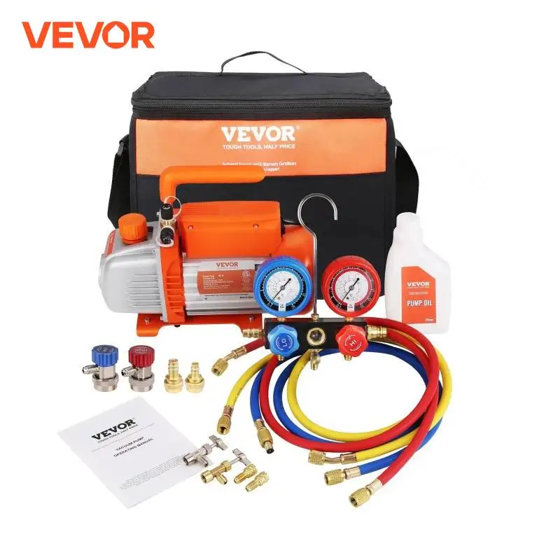 Vevor 3.5 / 4cfm palhetas rotativas de estágio único hvac ar ac bomba de vácuo & kit refrigerante a/c conjunto de medidor coletor para ar