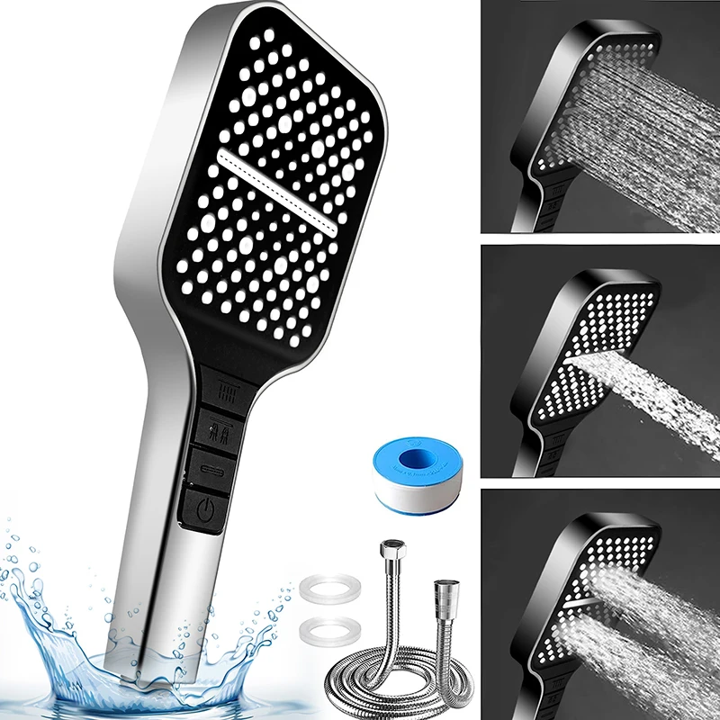 NEW SquarBlack Shower Head Adjustable 7mode Shower Faucet Large Panel Flow Rainfall Skin ABS Hand Held Shower Bathroom Accessory