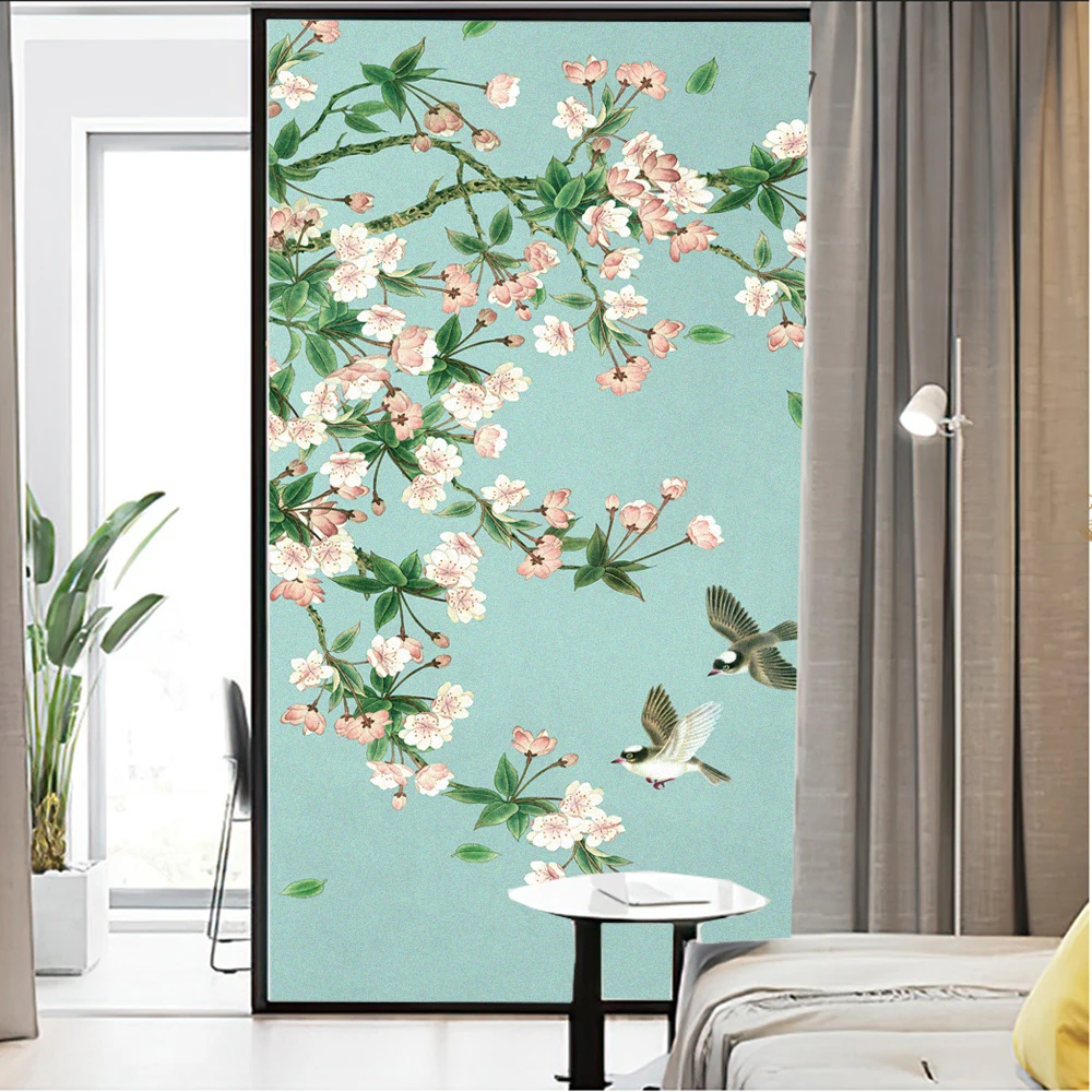 Window Film Privacy Frosted Glass Sticker Heat Insulation and Sunscreen Birds And Flower Decoration Adhesive sticker for Home