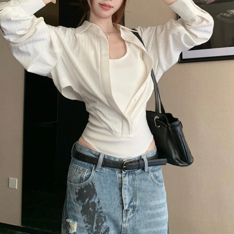 

Splicing Fake Two Polo Collar Long-sleeved Shirts for Women in Early Autumn Slim Waist Shirts White Top Pure Desire Jumpsuits