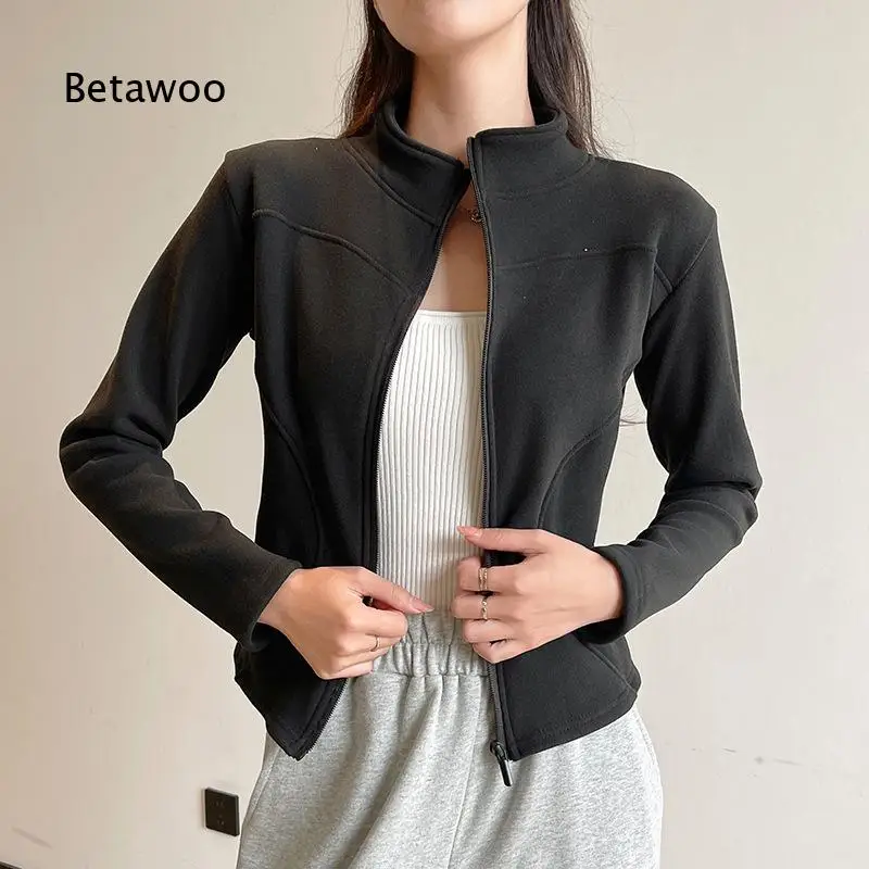Women Stand Collar Short Fleece Jacket Slim Fit Thick Warm Lamb Fleece Outerwear Suitable For Yoga Training And Autumn Winter D