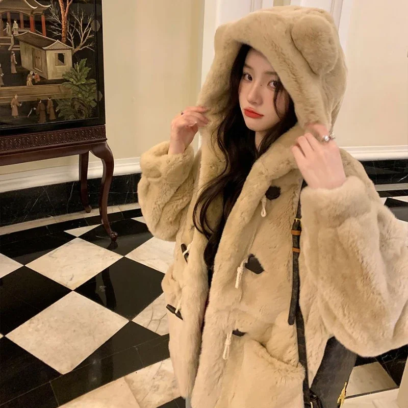 Women Faux Fur Coat Imitation Rex Rabbit Loose Hooded Outcoat Female Thicken Warm Fashion Horn Button Solid Color Winter Outwear