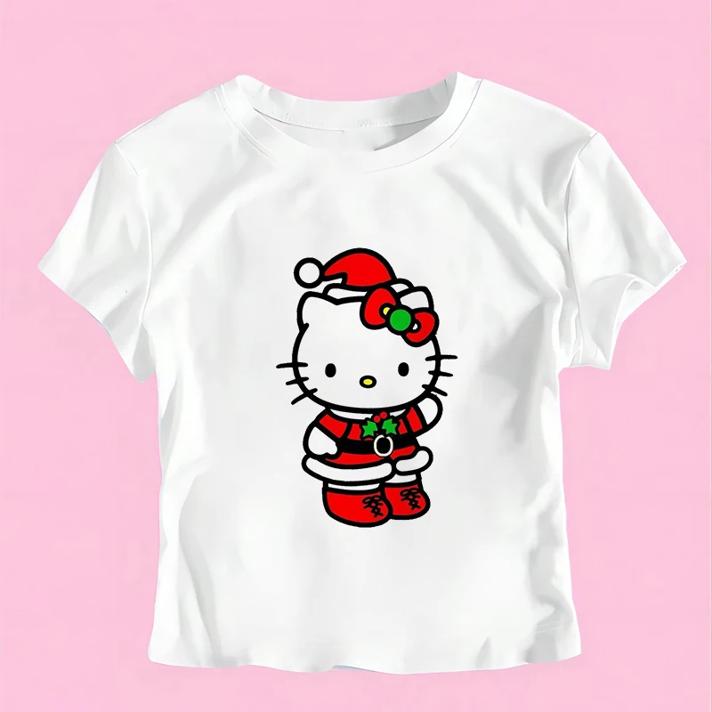 Hello Kitty Print Short Sleeve T-Shirt 2000s Aesthetic Summer Slim Baby Tee Streetwear Harajuku Cute Women Crop Top Y2K Clothes image 2