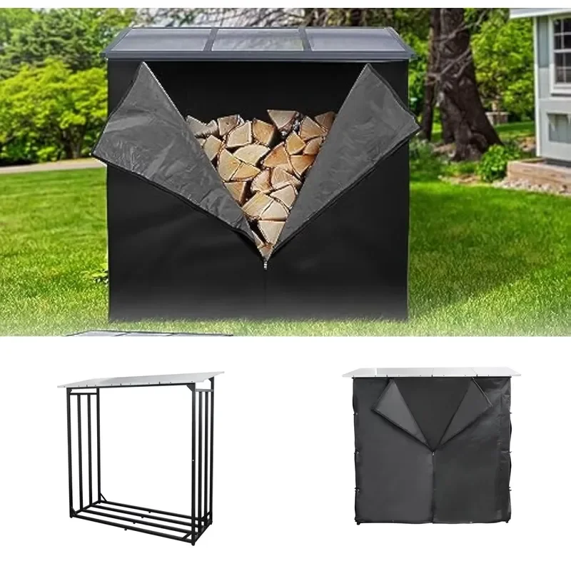 Heavy Weather Protected Waterproof Easily Assembled Square Shape Black Metal Firewood Rack Outdoor with Oxford Cover