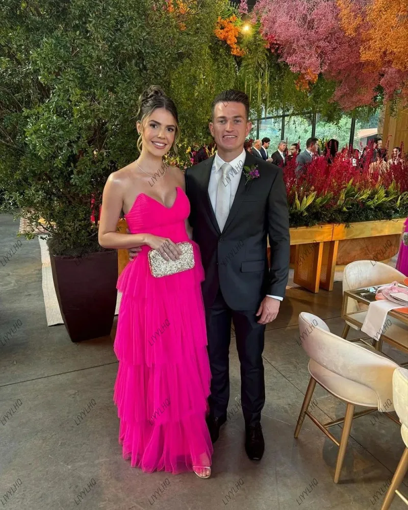 Celebrity Fuchsia Woman Evening Dresses Sweetheart Tiered Floor Length Prom Dresses Elegant Guest Wedding Party Dress Gala